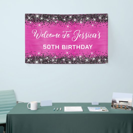 ホットピンクとブラックグリッター50誕生日 横断幕 (トレードショー)