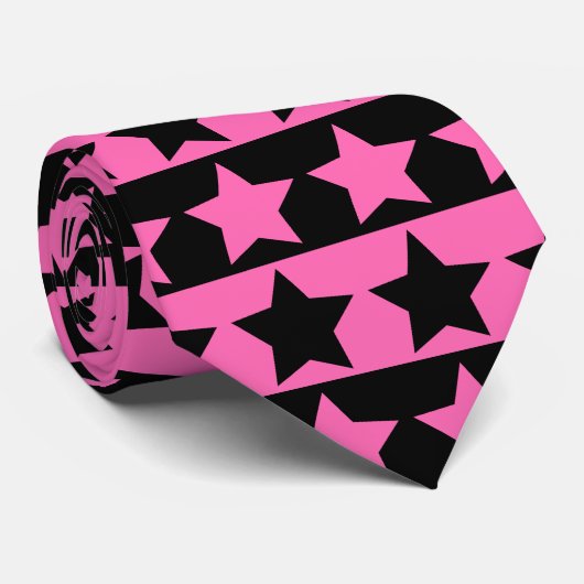 ホットピンクとブラックストライプののタイ（スターパターン） ネクタイ (ロール)