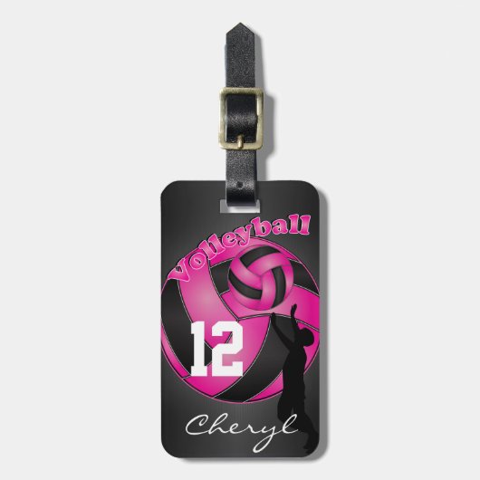 ホットピンクとブラックスポーティバレーボール ラゲッジタグ (正面縦)