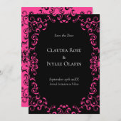 ホットピンクとブラックスワールゴシック結婚ズ 招待状 (正面/裏面)