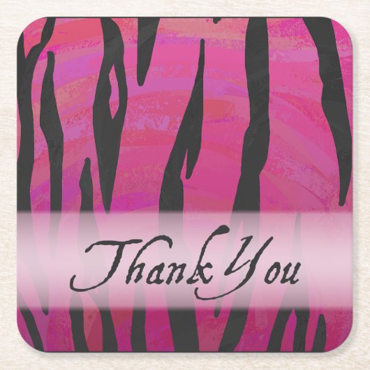 ホットピンクとブラックタイガーストライプサンキュー スクエアペーパーコースター (正面)