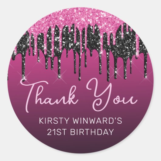 ホットピンクとブラックドリッピンググリッター誕生日 ラウンドシール (正面)