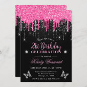 ホットピンクとブラックドリッピンググリッター21日 招待状 (正面/裏面)
