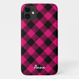 ホットピンクとブラックバッファローパーソナライズされたプレイド iPhone 16 PROケース