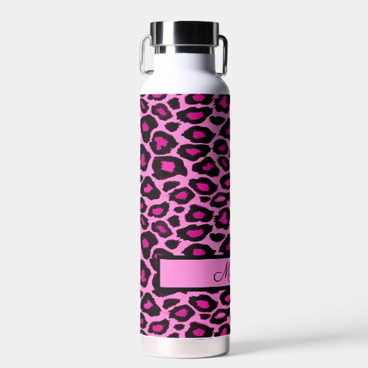 ホットピンクとブラックヒョウの印パーソナライズされた刷 ウォーターボトル (正面)