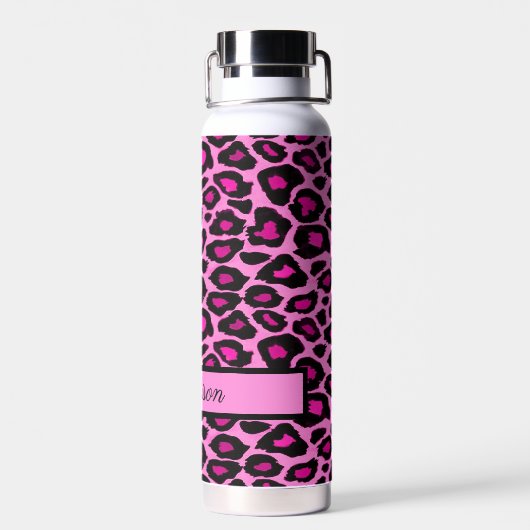 ホットピンクとブラックヒョウの印パーソナライズされた刷 ウォーターボトル (背面)