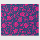 ホットピンクとブルーのフローラダマスラッピング紙 ラッピングペーパー (フラット)