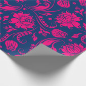 ホットピンクとブルーのフローラダマスラッピング紙 ラッピングペーパー (角)