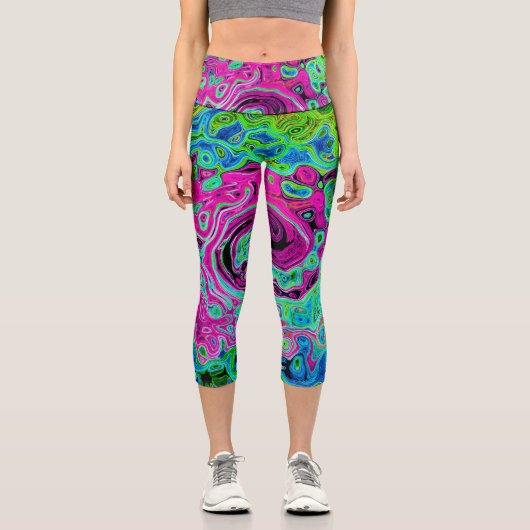 ホットピンクとブルーグルービー抽象芸術レトロ旋回 カプリレギンス (正面)