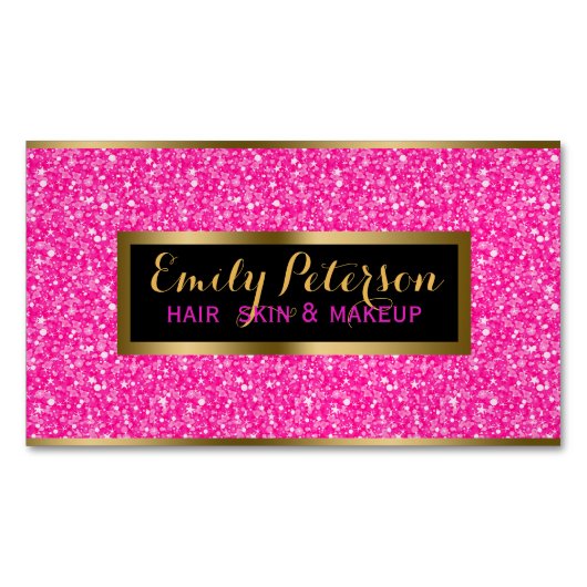 ホットピンクとホワイトのグリッターパターン マグネット名刺 (正面)