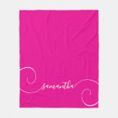 ホットピンクとホワイトカーリーの署名名 フリースブランケット (正面)