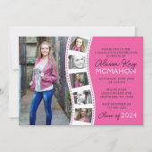 ホットピンクとホワイトフィルムストリップ6写真卒業 招待状 (正面)