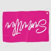 ホットピンクとホワイトブラシスクリプト ゴルフタオル (横)