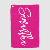 ホットピンクとホワイトブラシスクリプト ゴルフタオル (正面)