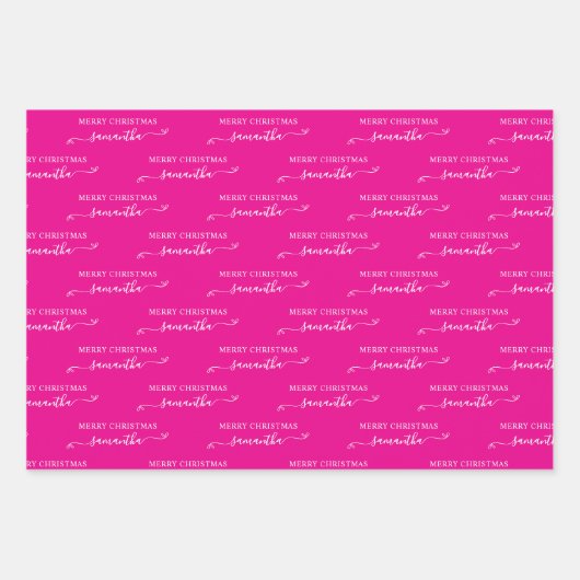 ホットピンクとホワイトメリークリスマスキュートなボウ名 ラッピングペーパーシート (正面3)