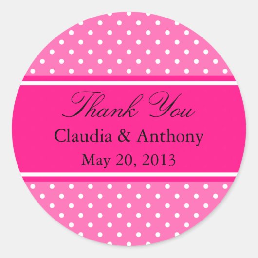 ホットピンクとホワイト水玉模様結婚の感謝 ラウンドシール (正面)