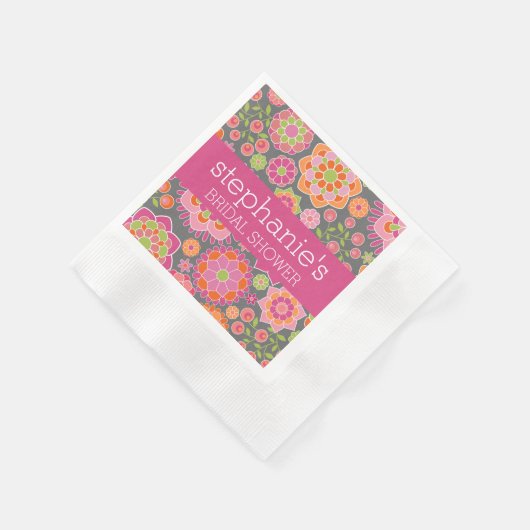 ホットピンクとライムグリーンの花 - ブライダルシャワー 縁ありカクテルナプキン (角)