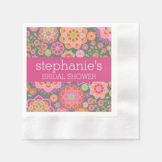 ホットピンクとライムグリーンの花 - ブライダルシャワー 縁ありカクテルナプキン (正面)
