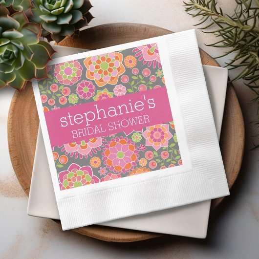 ホットピンクとライムグリーンの花 - ブライダルシャワー 縁ありカクテルナプキン