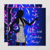 ホットピンクとロイヤルブルーの誕生日パーティー 招待状 (正面/裏面)