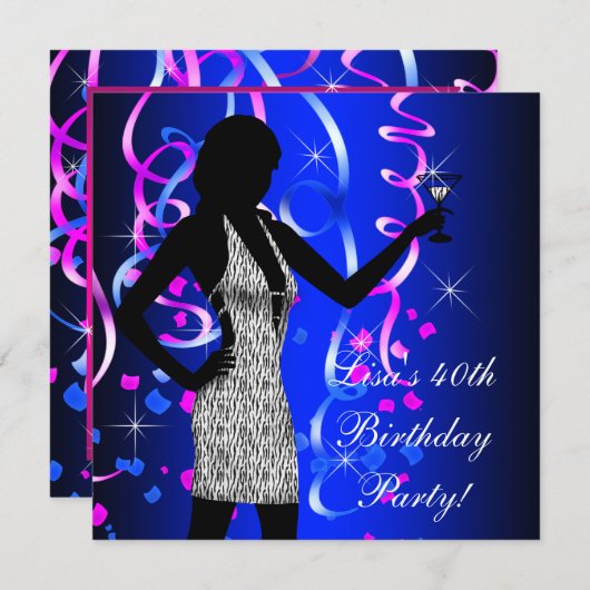 ホットピンクとロイヤルブルーの誕生日パーティー 招待状 (正面/裏面)