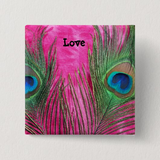 ホットピンクと孔雀の羽 缶バッジ (正面)