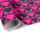ホットピンクと市松模様に黒のパターン(ハート付) ラッピングペーパー (ロールコーナー)