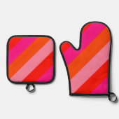 ホットピンクと明るいオレンジのストライプ 鍋つかみ&鍋敷きセット (正面)