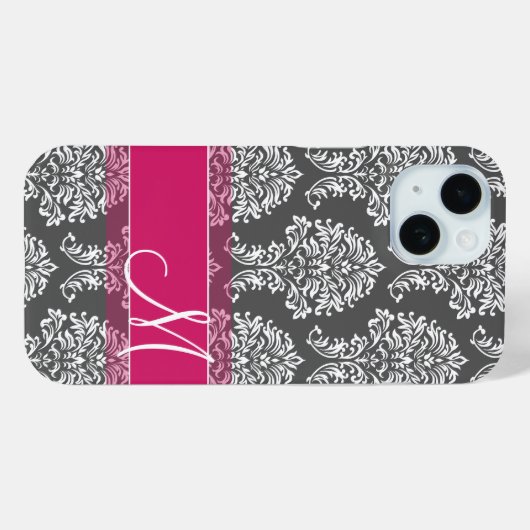 ホットピンクと木炭ダマスクパターンとモノグラム Case-Mate iPhoneケース (裏面 (横))