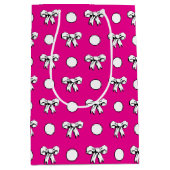 ホットピンクと白の水玉にリボン付き ミディアムペーパーバッグ (正面)