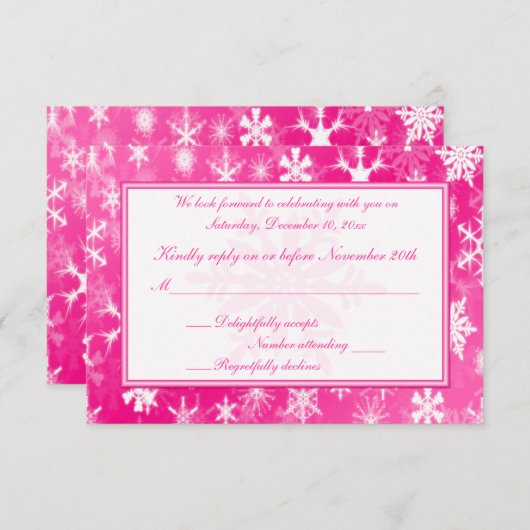 ホットピンクと白の雪片の返信カード 出欠カード (正面/裏面)