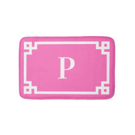 ホットピンクと白ギリシャ語鍵フレームモノグラム バスマット