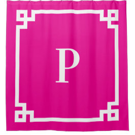 ホットピンクと白ギリシャ語鍵モノグラム シャワーカーテン
