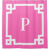 ホットピンクと白ギリシャ語鍵モノグラ縁どム シャワーカーテン (正面)