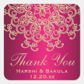 ホットピンクと金ゴールドインディアンインスパイアお礼ラベル スクエアシール (正面)