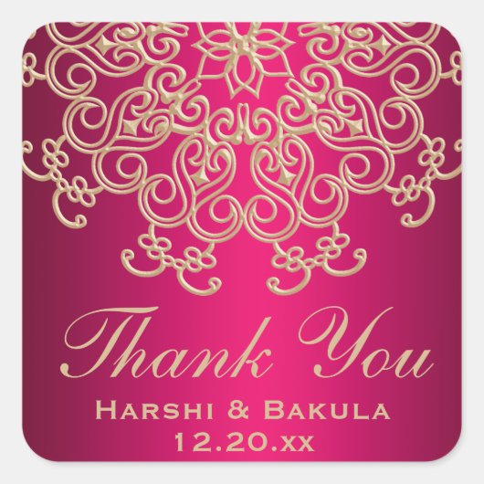 ホットピンクと金ゴールドインディアンインスパイアお礼ラベル スクエアシール (正面)