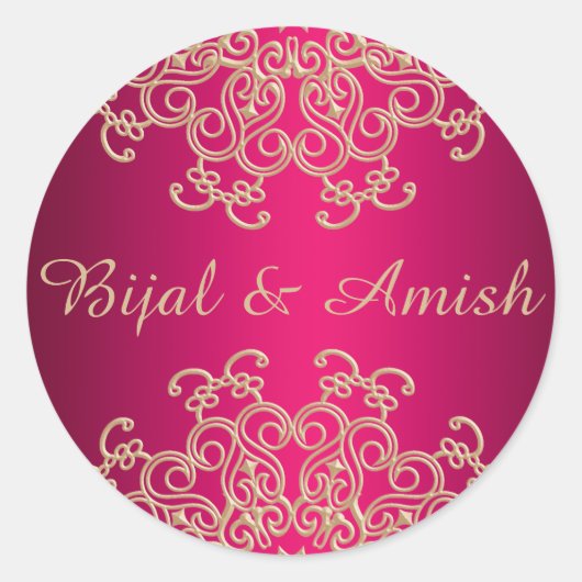 ホットピンクと金ゴールドインディアンインスパイアお礼ラベル ラウンドシール (正面)