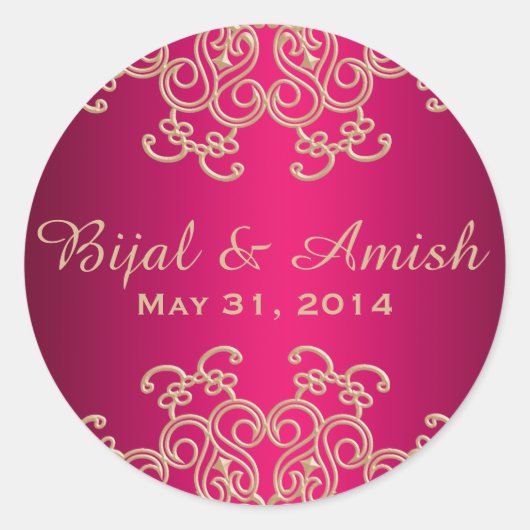ホットピンクと金ゴールドインディアンインスパイアお礼ラベル ラウンドシール (正面)