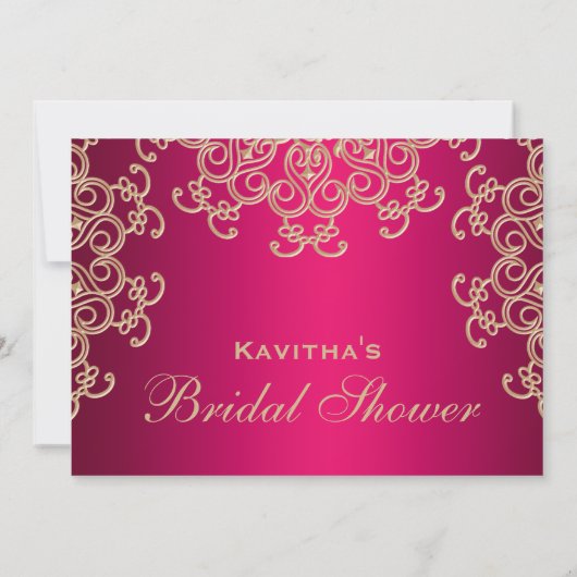 ホットピンクと金ゴールドインディアンインスパイアブライダルシャワー 招待状 (裏面)