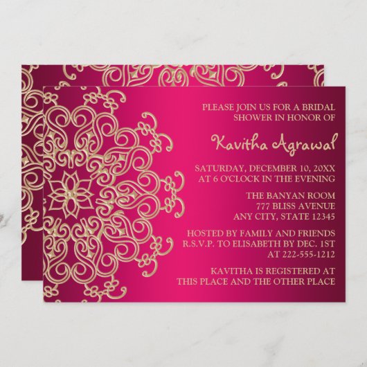 ホットピンクと金ゴールドインディアンインスパイアブライダルシャワー 招待状 (正面/裏面)