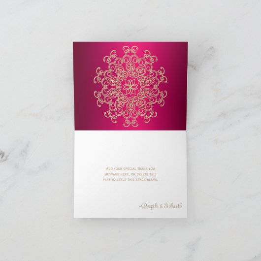 ホットピンクと金ゴールドインディアンスタイル結婚ありがとうございました サンキューカード (内部)