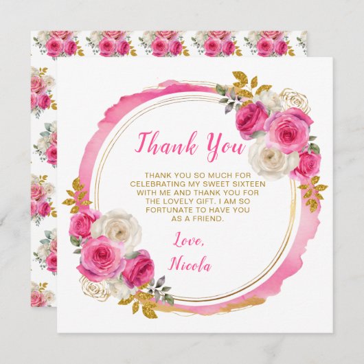 ホットピンクと金ゴールドエレガントの花Sweet sixteen サンキューカード (正面/裏面)