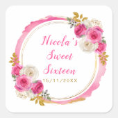 ホットピンクと金ゴールドエレガントの花Sweet sixteen スクエアシール (正面)