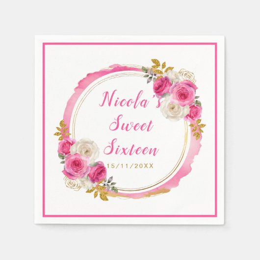 ホットピンクと金ゴールドエレガントの花Sweet sixteen スタンダードカクテルナプキン (正面)