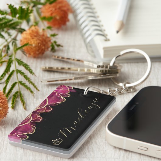 ホットピンクと金ゴールドエレガントスクリプパーソナライズされたト キーホルダー (正面右)