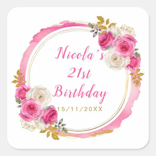 ホットピンクと金ゴールドエレガント花誕生会 スクエアシール (正面)
