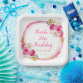 ホットピンクと金ゴールドエレガント花誕生会 ペーパープレート (パーティー)