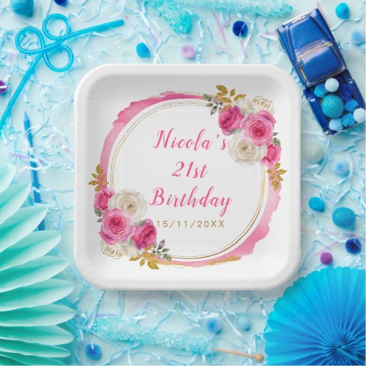 ホットピンクと金ゴールドエレガント花誕生会 ペーパープレート (パーティー)