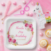 ホットピンクと金ゴールドエレガント花誕生会 ペーパープレート (パーティー)