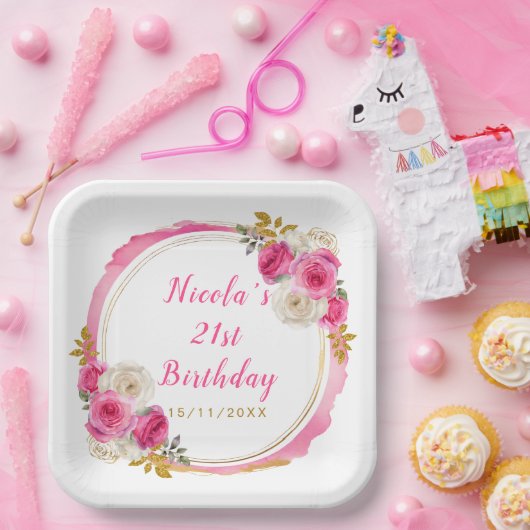 ホットピンクと金ゴールドエレガント花誕生会 ペーパープレート (パーティー)